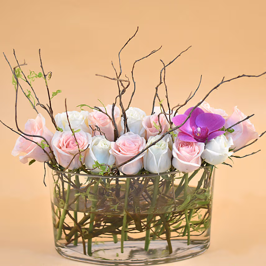Serene Mixed Flowers Clear Glass Vase