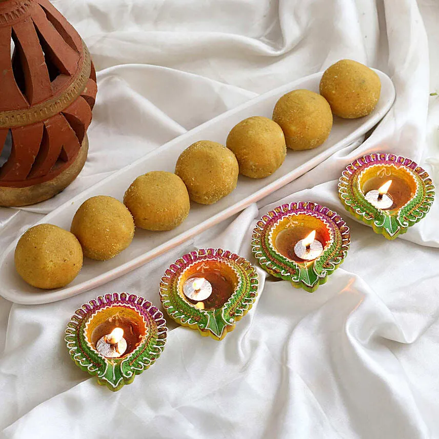 Floral Diyas With Besan Laddoo