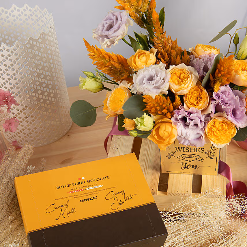 Best Wishes Flowers Arrangement with Royce Chocolates