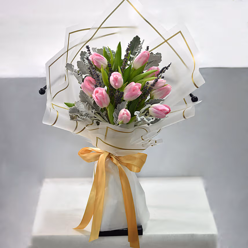 Lovely Pink Tulips Bouquet With Cake