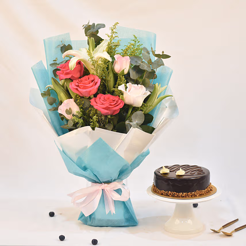 Enchanting Bouquet With Chocolate Cake