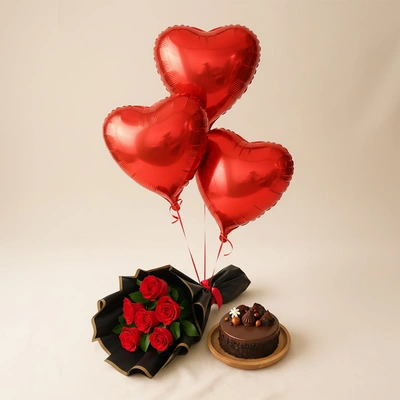 Romantic Cake n Roses Bouquet - With Balloons