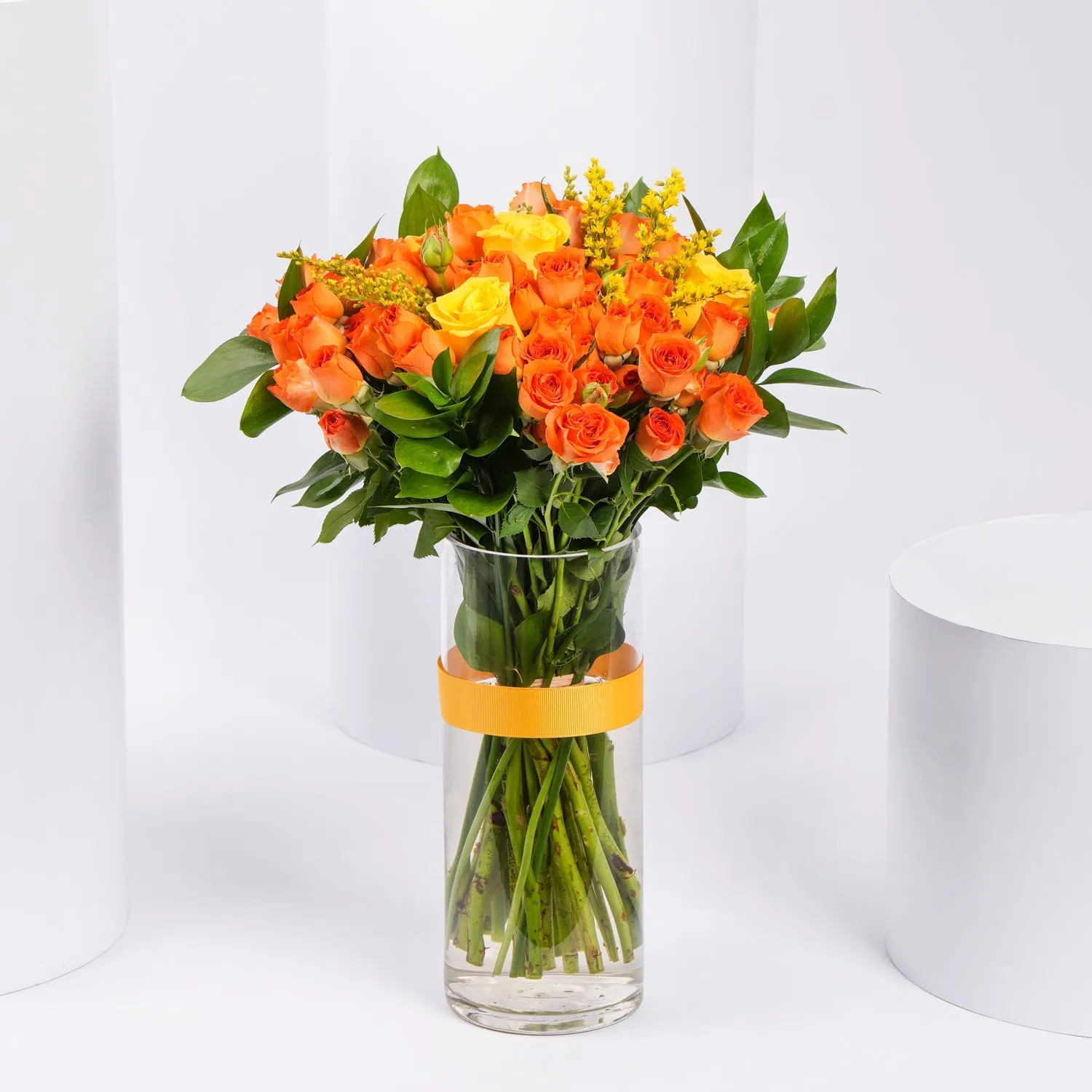 Elegant Orange and Yellow Rose Vase Arrangement with Ribbon