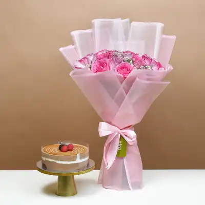 Exquisite Dual Delight: Pink & Purple Roses with Sumptuous Triple Chocolate Cake