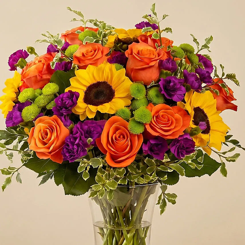Vibrant Mixed Flowers Glass Vase