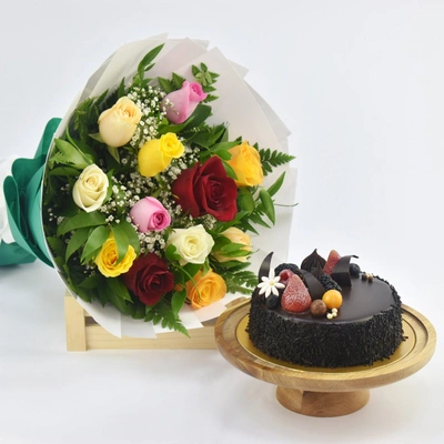 Elegant Bouquet of Multicolor Roses with Decadent Chocolate Fudge Cake