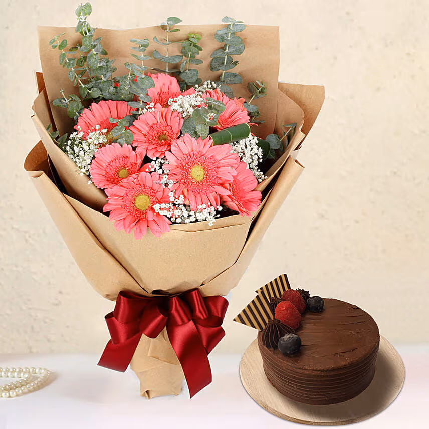 Gracious Gerberas Bouquet With Chocolate Cake