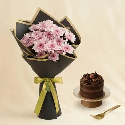 Purple Chrysanthemum Delicate Bouquet - With Cake & Flowers