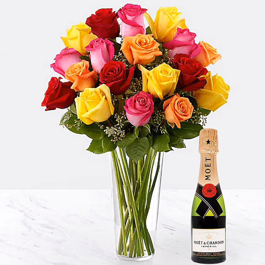 Vase Of 24 Vivid Roses with Moet mini brut 200 ml