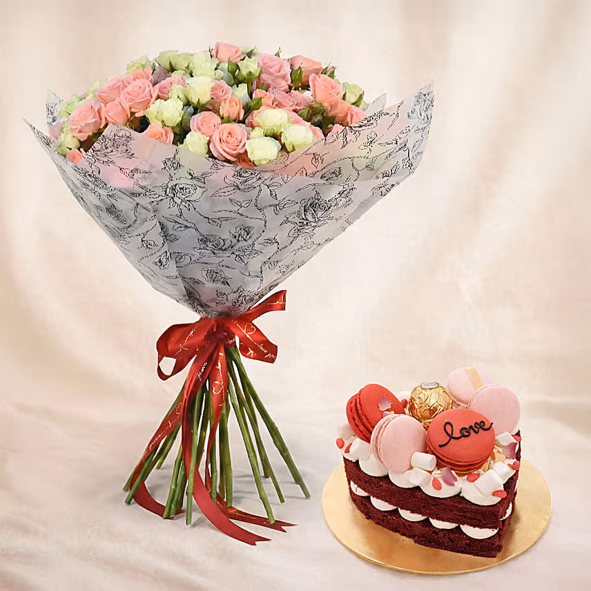 Joy of Love Spray Roses Bouquet with Cake For Valentine's