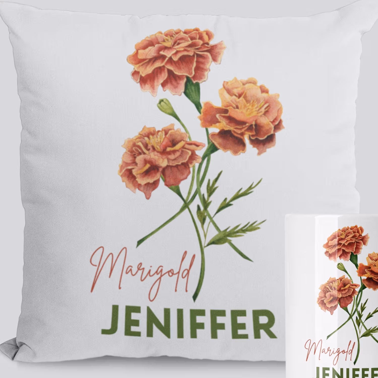 Personalized October Mug and Cushion Set with Orange Marigold Design