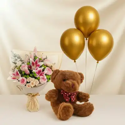 Lily n Roses Flower Bouquet - With Teddy n Balloons