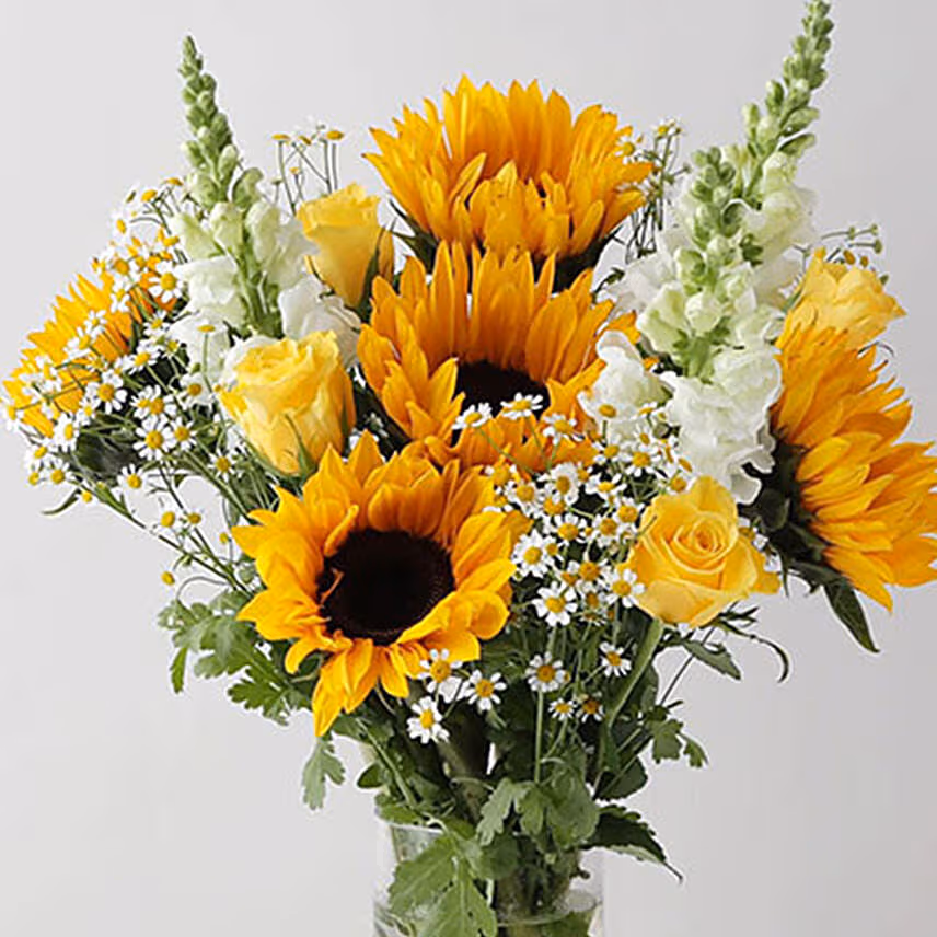 Alluring Mixed Flowers Glass Vase With Birthday Balloons