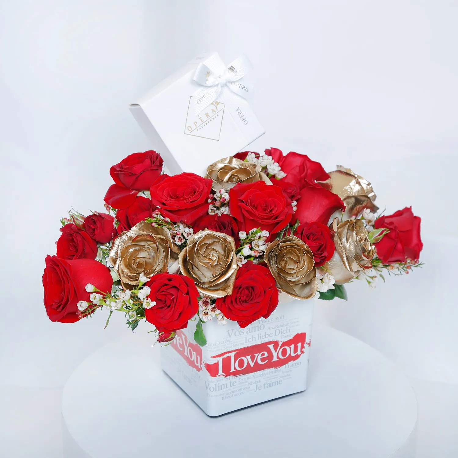 Love's Sweet Embrace Vase with Gold & Red Roses and Chocolates by Opera Patisserie