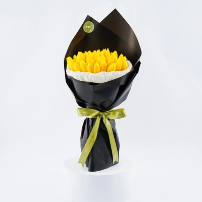 Elegant 30 Yellow Tulips Hand Bouquet with Black Wrap