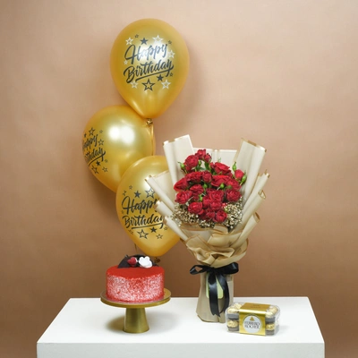 Luxurious Birthday Surprise: Red Roses, Velvety Cake & Golden Chocolates