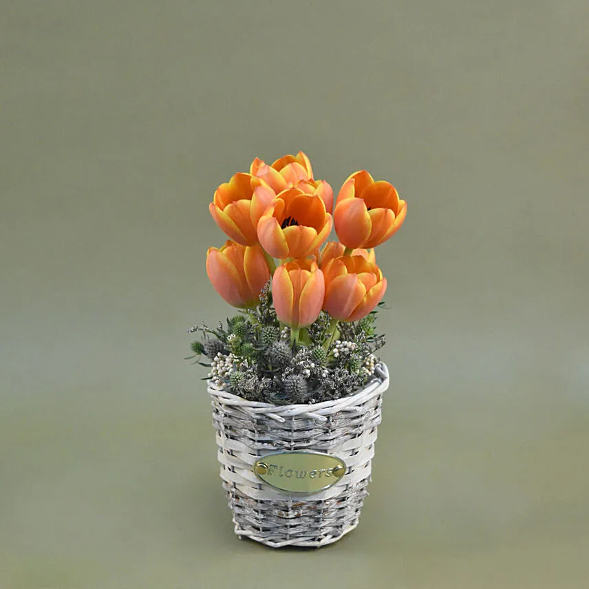 Orange Tulips Willow Basket