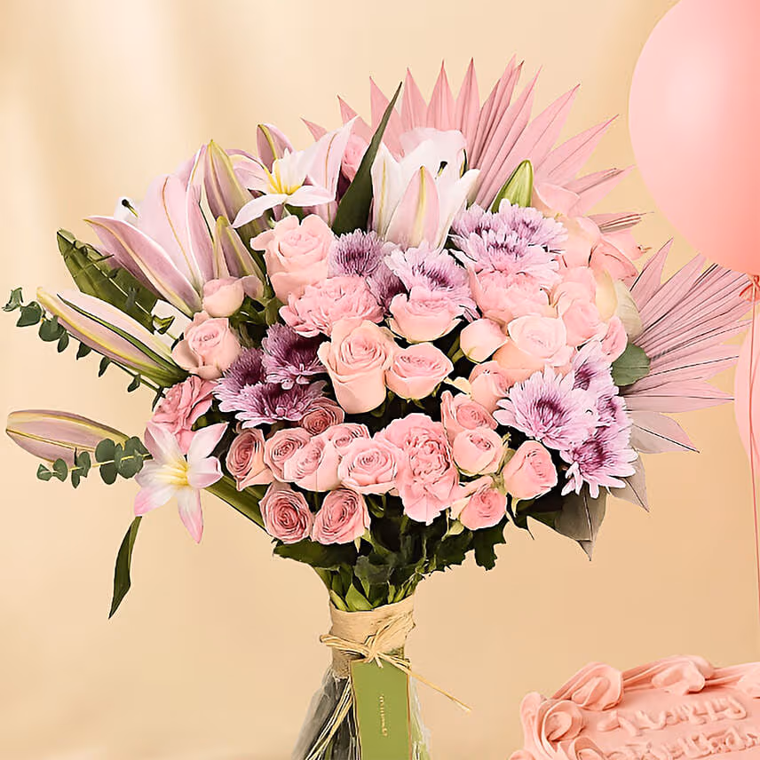 Blushes - Pink Flowers Bouquet Balloons n 6 inches Cake