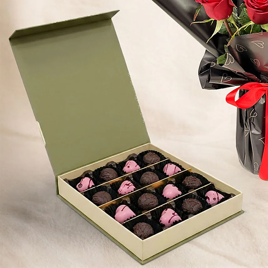 Chocolate Hearts Box and Red Roses Bouquet
