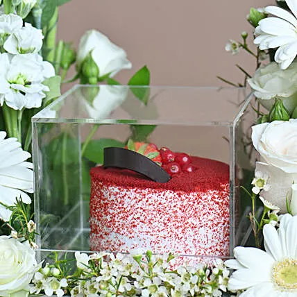 Elegant Anniversary Floral Arrangement and Red Velvet Cake Combo