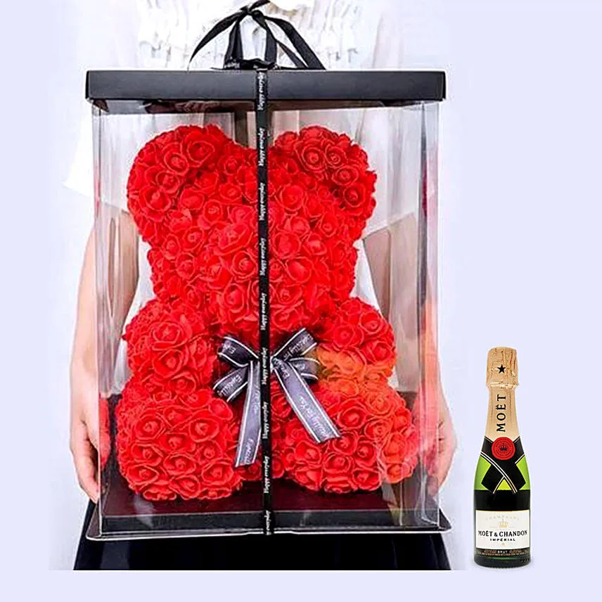 Artificial Red Roses Teddy With Mini Moet Champagne For Love