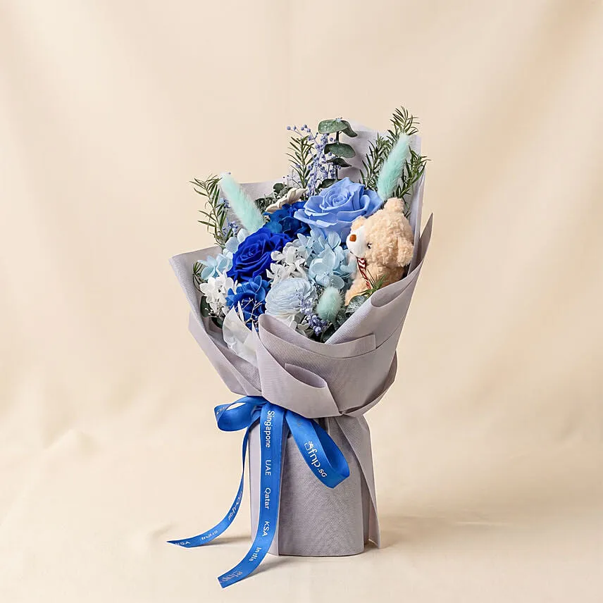 Mystic Blue Preserved Rose Bouquet with Teddy Bear