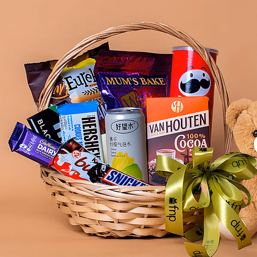 Exotic Chocolates Brown Willow Basket With Teddy