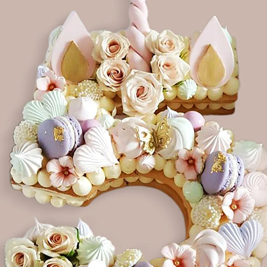 Number 5 Macarons Artificial Flowers Cake