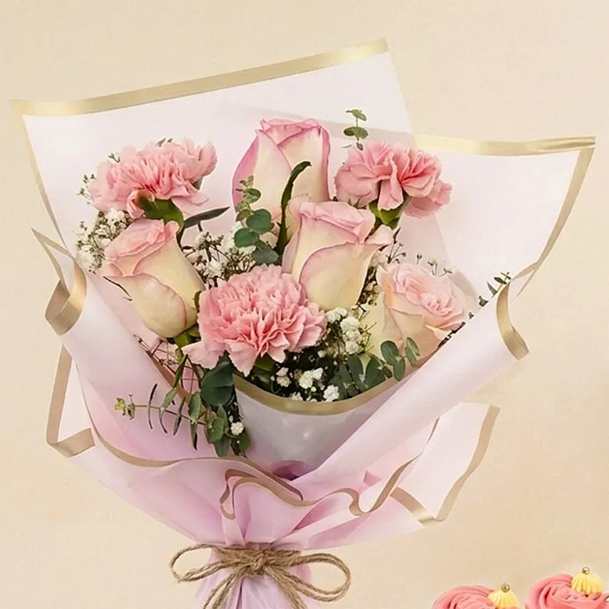 Flowers and Cupcakes Combo â€“ Pink Blooms & Vanilla Treats