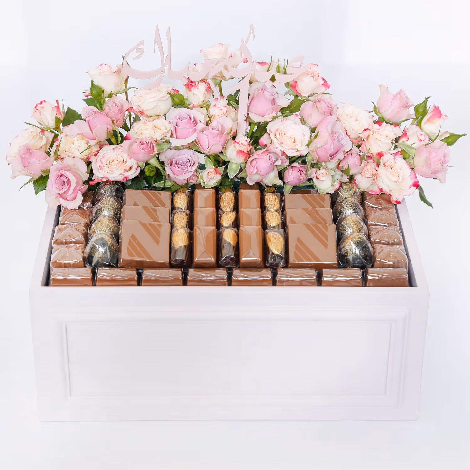 Elegant Eid Mubarak Wooden Box with Roses and Opera Patisserie Chocolates