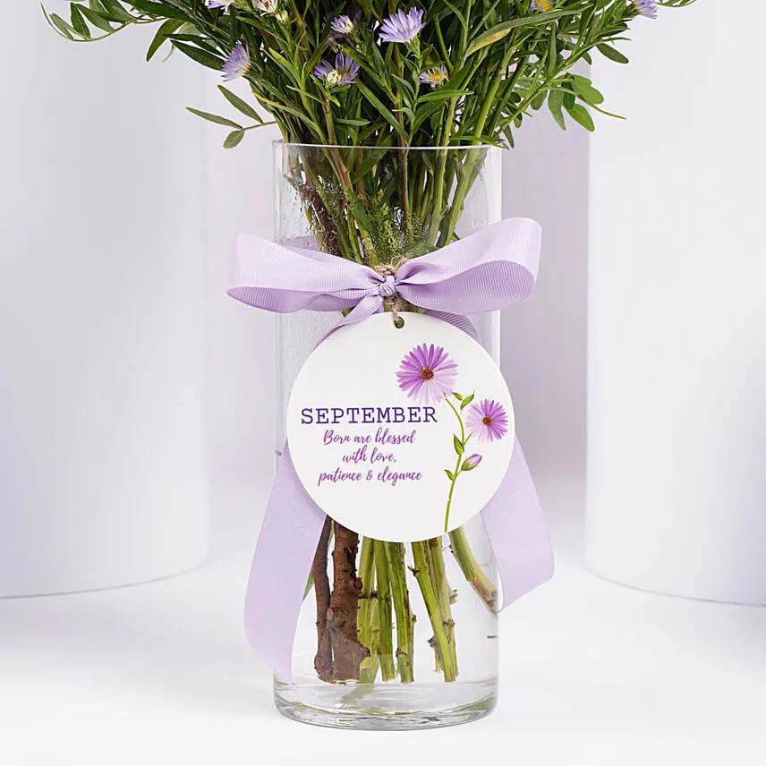 September Birthday Wishes Aster Flowers in Vase