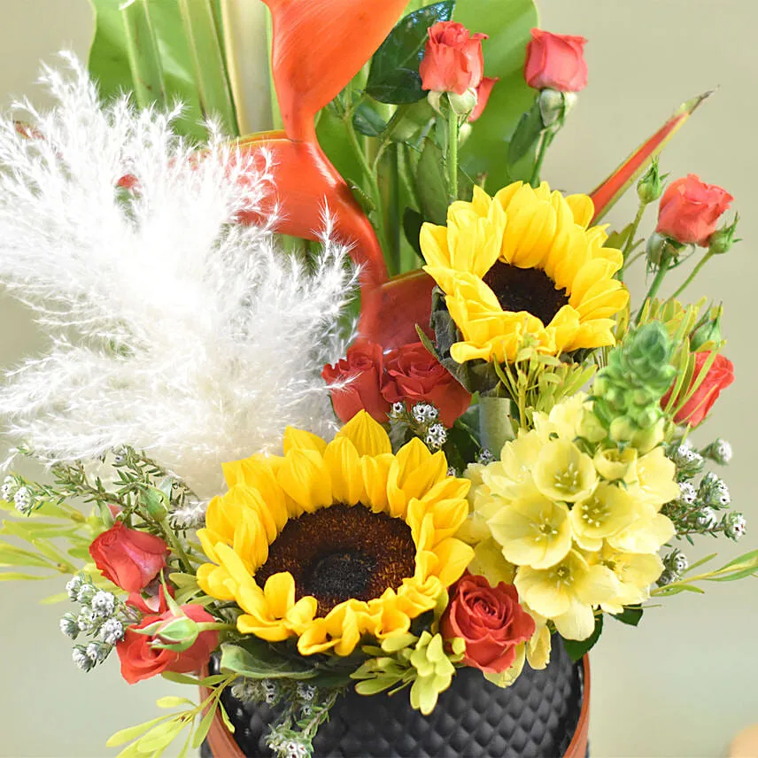 Vibrant Mixed Flowers Black Vase