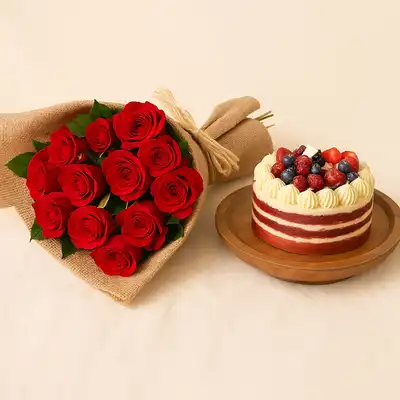 Ashiqua | Red Roses Flower Bouquet - With Cake 