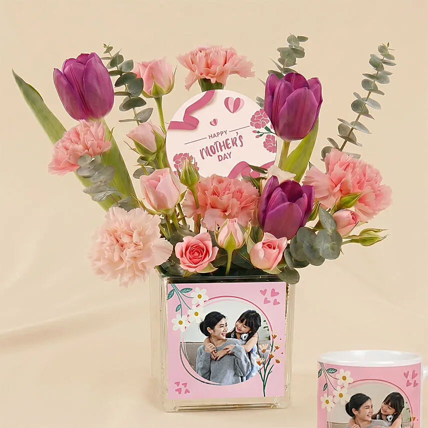 Personalised Flowers Vases with Cushion & Mug for Mom