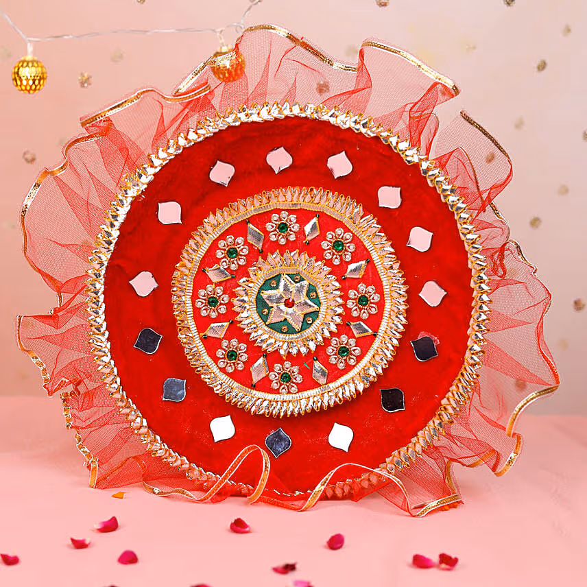 Red Karwa Chauth Pooja Thali Set