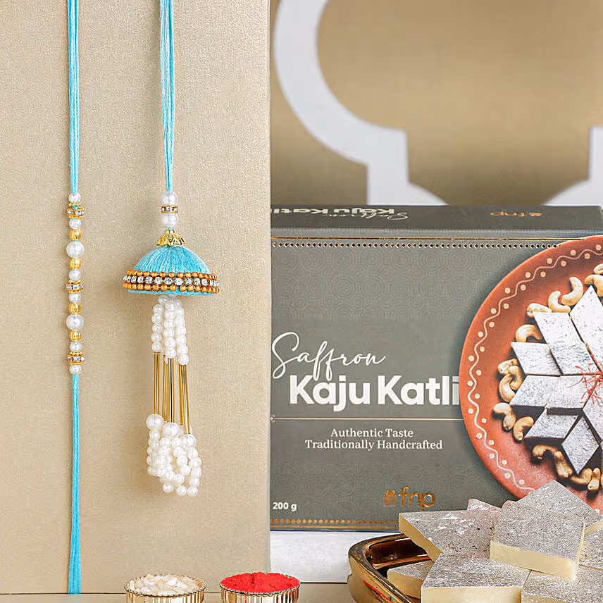 Tranquil Teal Jhumar Bhaiya Bhabhi Pearl Rakhi Set N Kaju Katli Delight