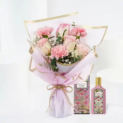 Elegant Pink Posy with Gucci Flora Fragrance for Mom