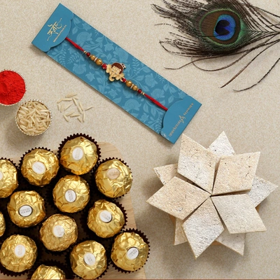 Ganesha Kids Rakhi with Kaju Katli & Ferrero Rocher - Perfect Festive Gift Set