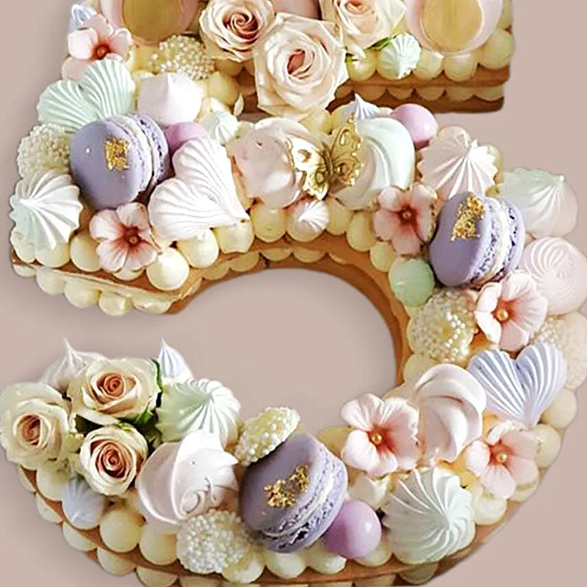 Number 5 Macarons Artificial Flowers Cake