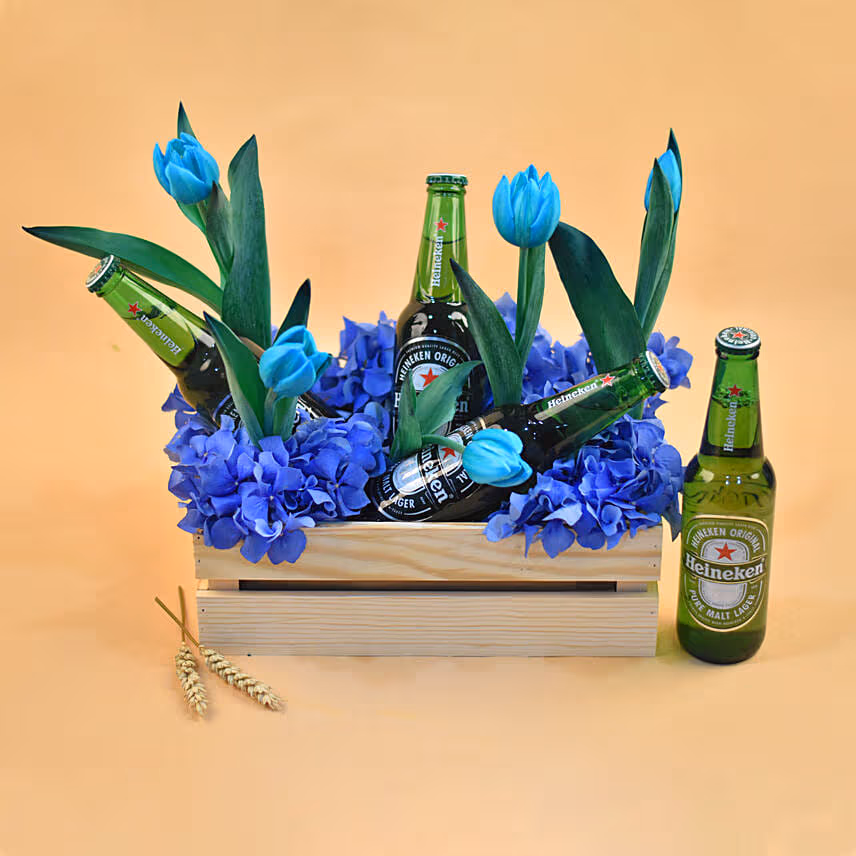 Mixed Flowers & Beer Wooden Crate