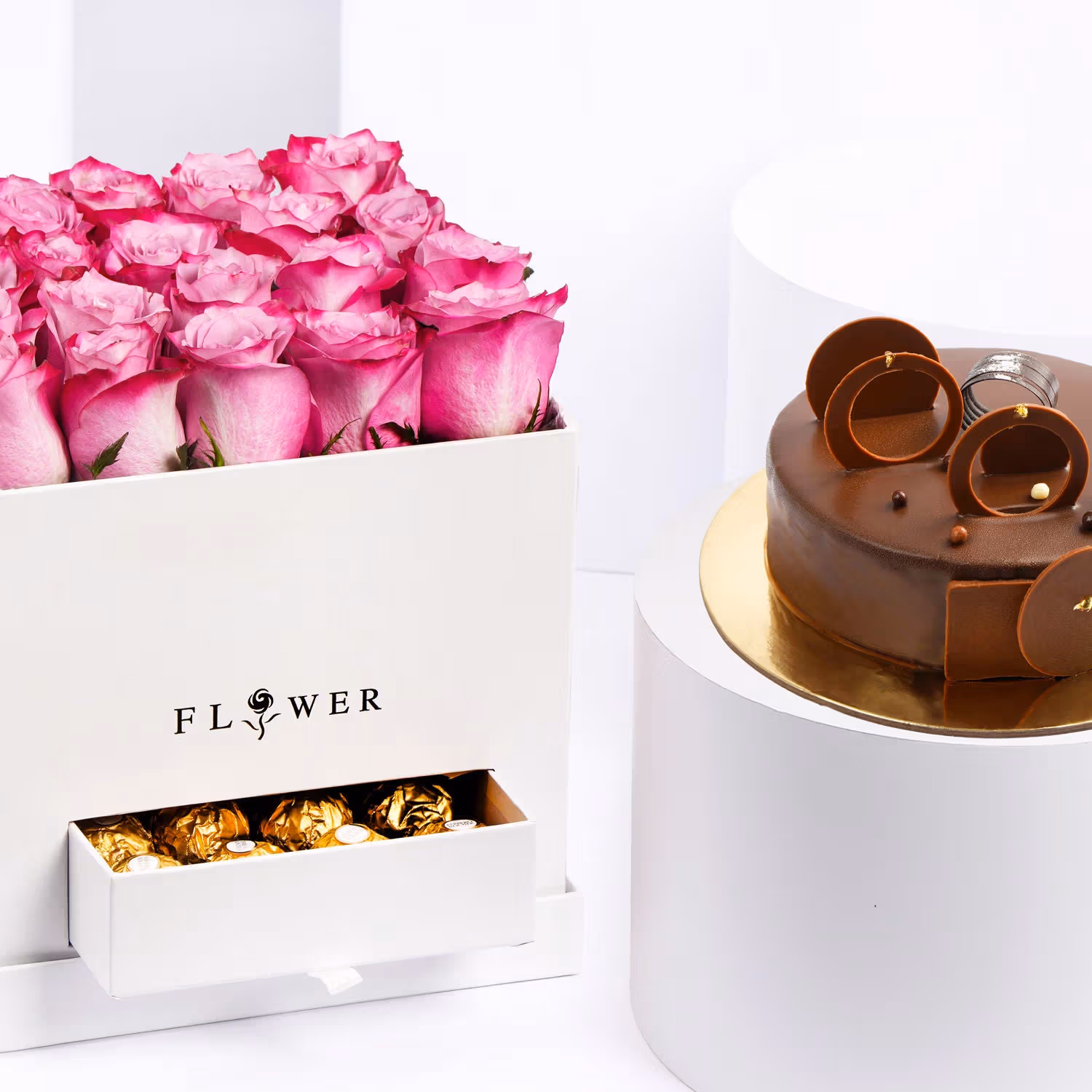 Elegant Pink Roses and Decadent Chocolates with Fudge Cake
