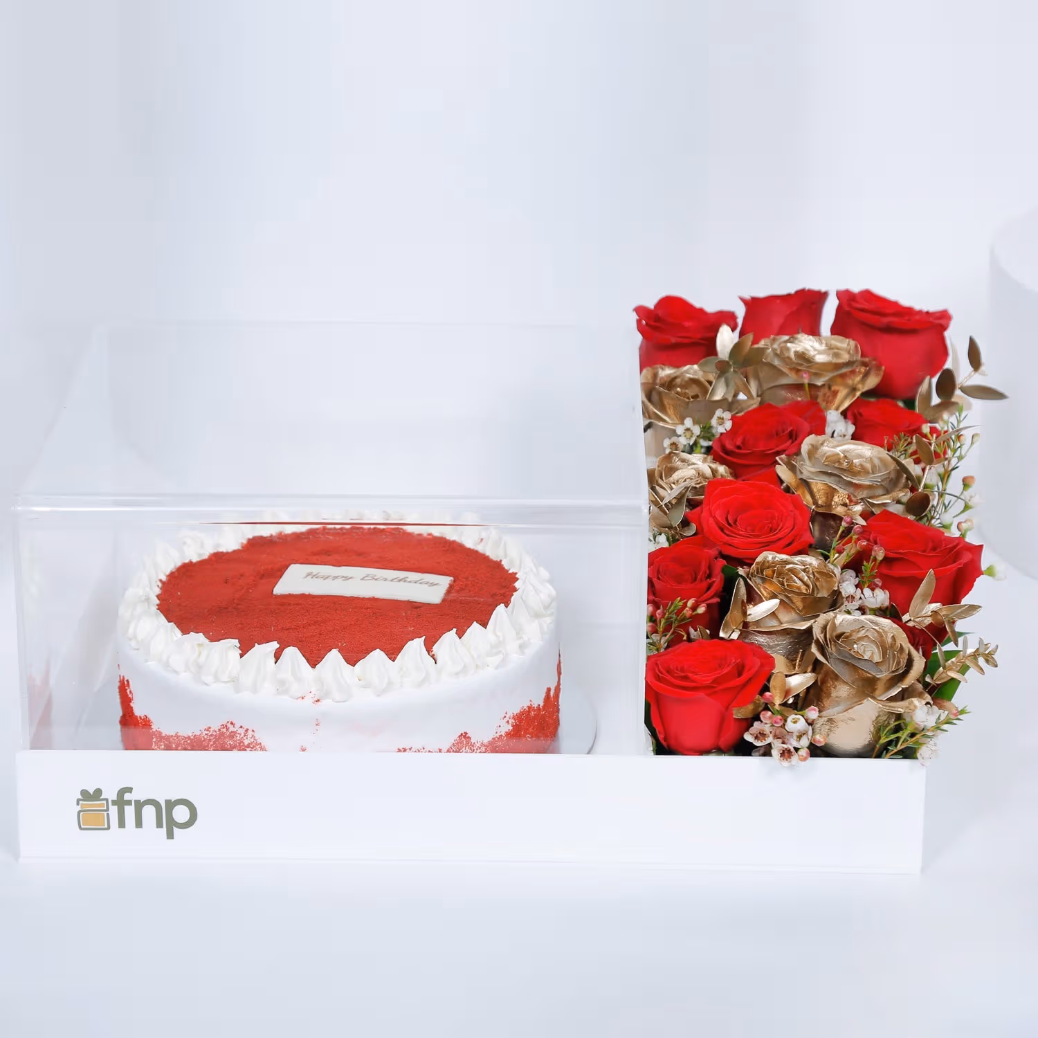 Birthday Bliss: Luxurious Red Velvet Cake with Elegant Floral Arrangement
