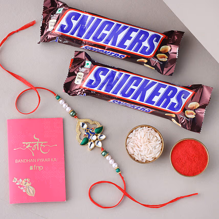 Sneh Designer Stone Rakhi with Snickers Chocolate
