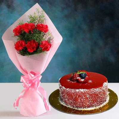 Radiant Pink Carnations Bunch With Mini Mousse Cake