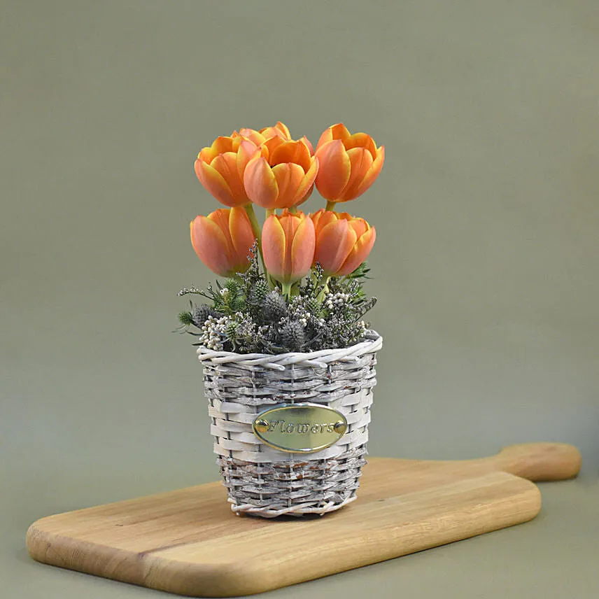 Orange Tulips Willow Basket