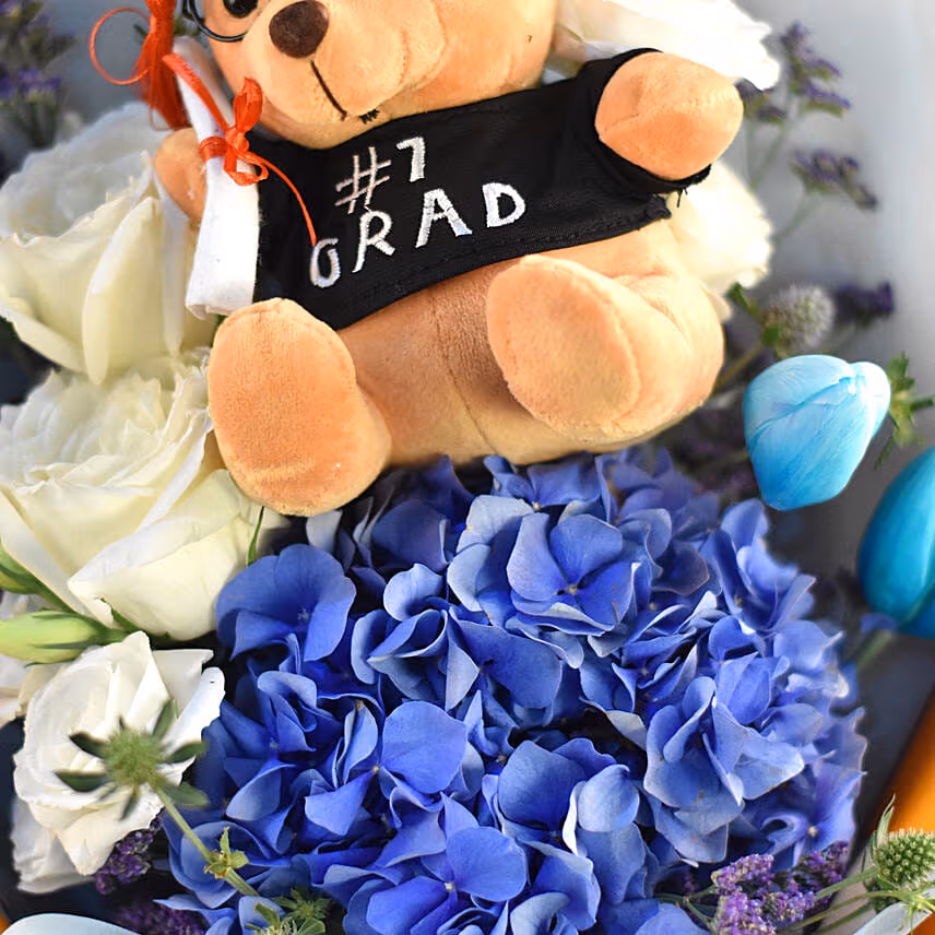 Graduation Teddy Bear & Mixed Flowers Bouquet
