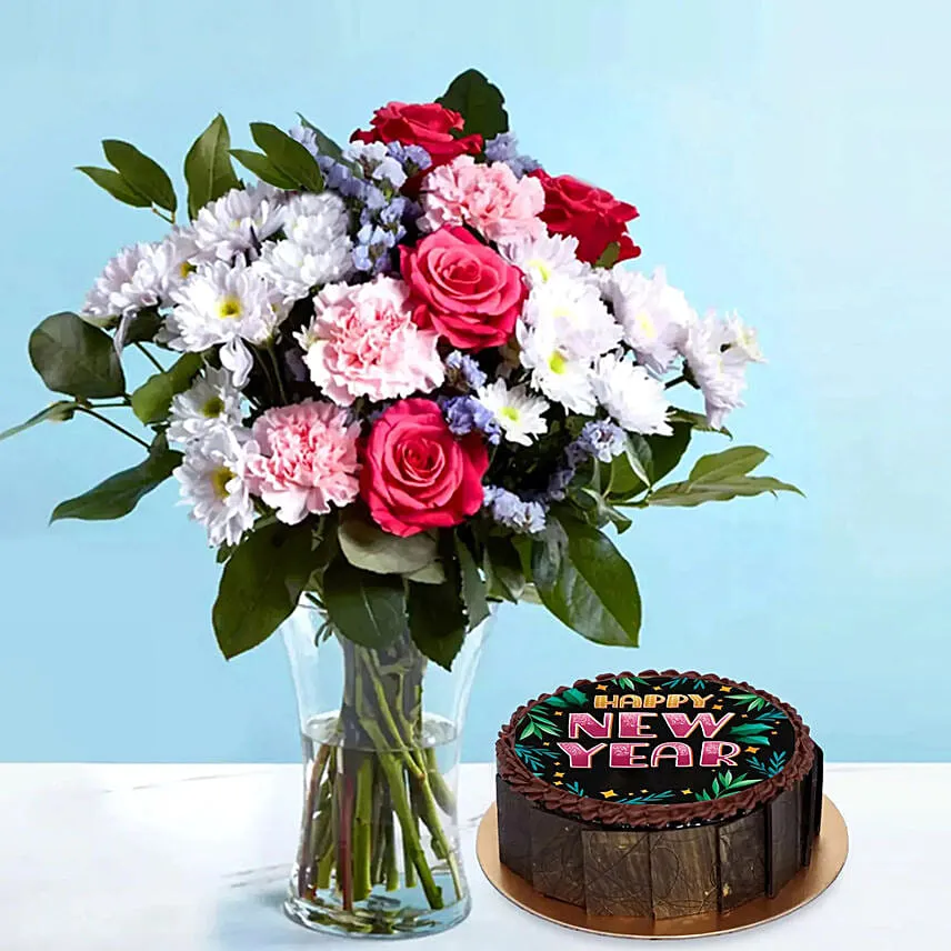 Mixed Flowers Vase with Cake