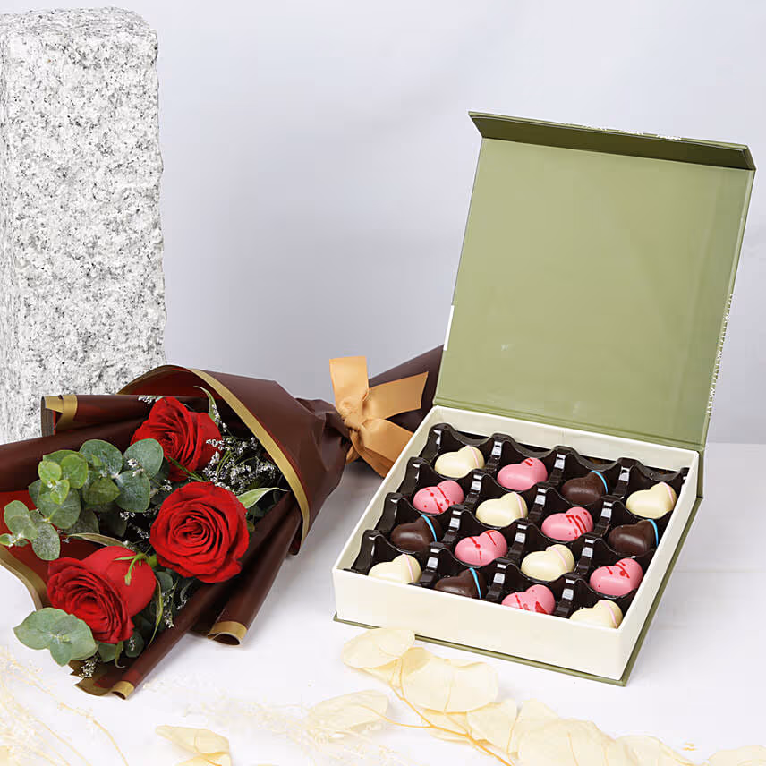 Chocolate Hearts Box with Red Roses Bouquet