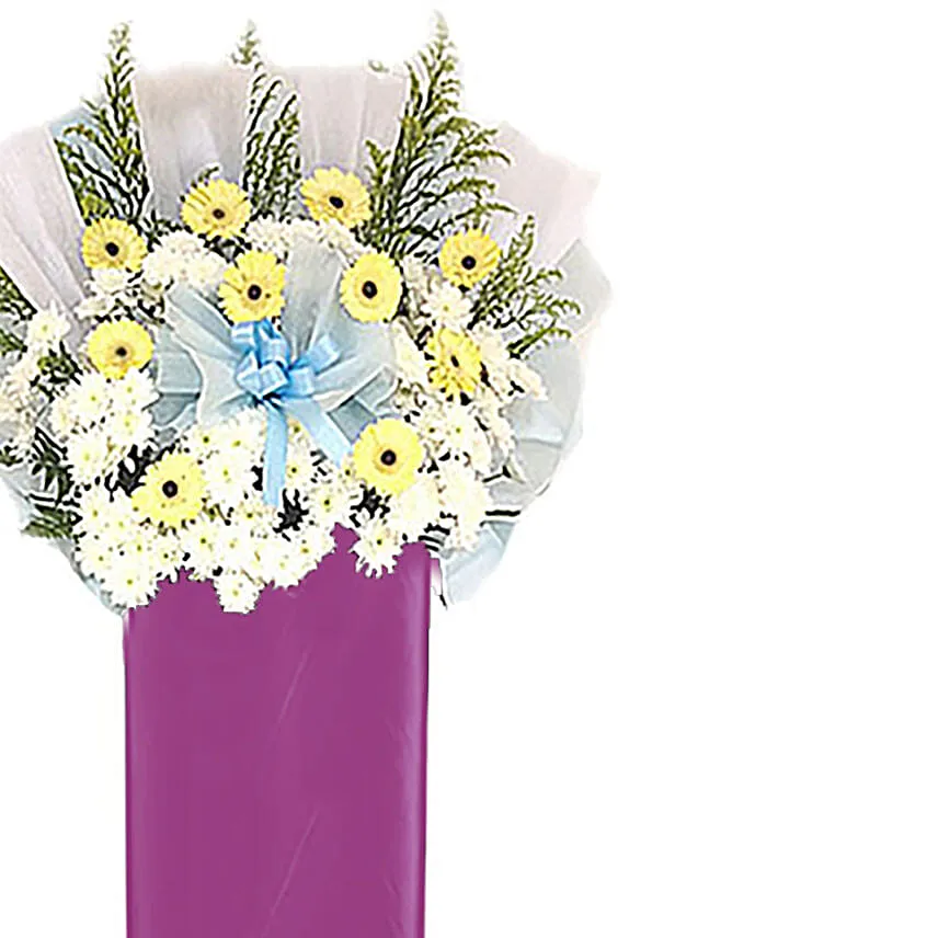 Cream Gerberas White Pom In Lovely Pink Stand
