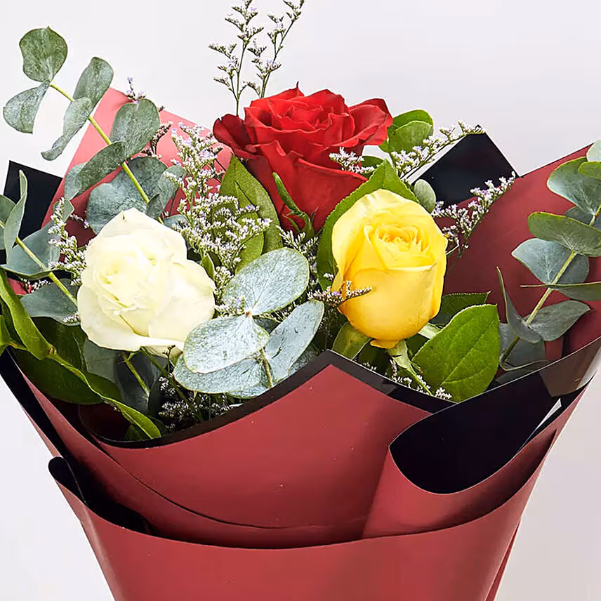 Colored Roses Bunch With Fruit Cake